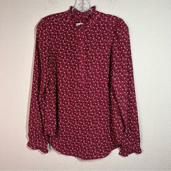 LOFT ‎ Burgundy Red Floral Button Front Ruffle Long Sleeves Top Women's Small - Picture 1 of 6